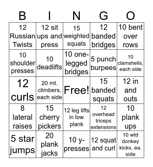 Fitness Bingo Card