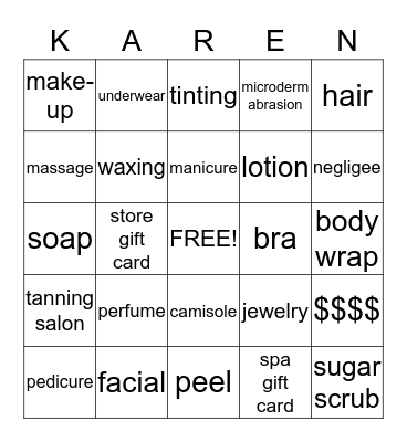 Karen's Shower Gifts Bingo Card