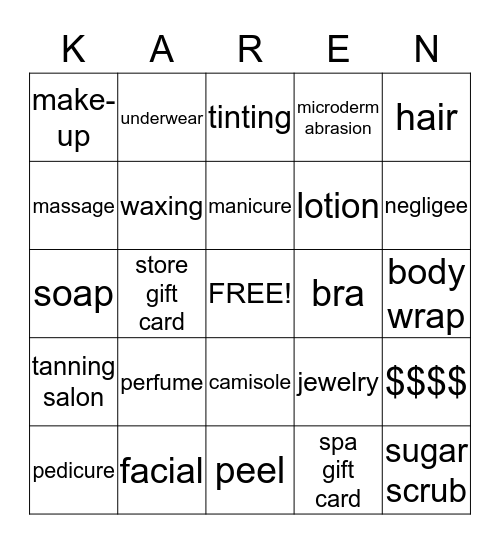 Karen's Shower Gifts Bingo Card