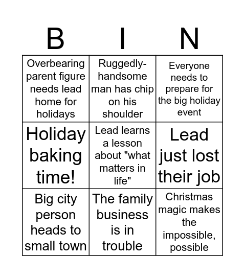 Holiday Movie Tropes Bingo Card