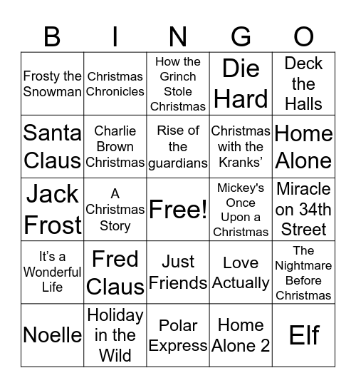 Christmas Movie Bingo Card