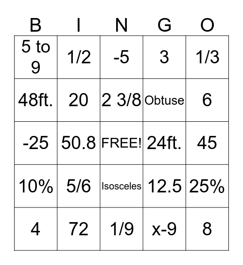 Math Bingo Card