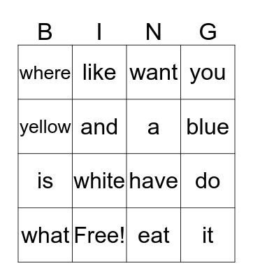 Sight Words Bingo Card