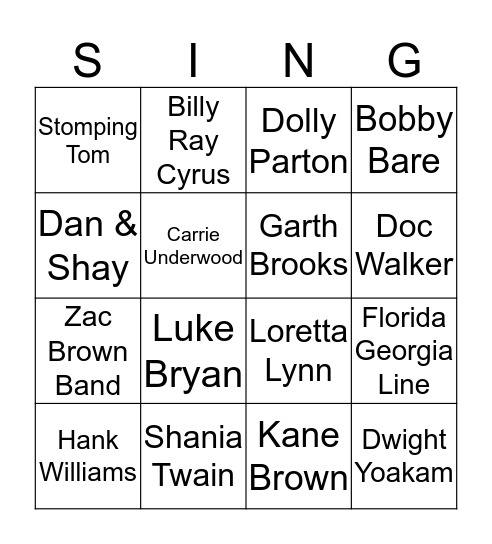 Country Music Singo Bingo Card