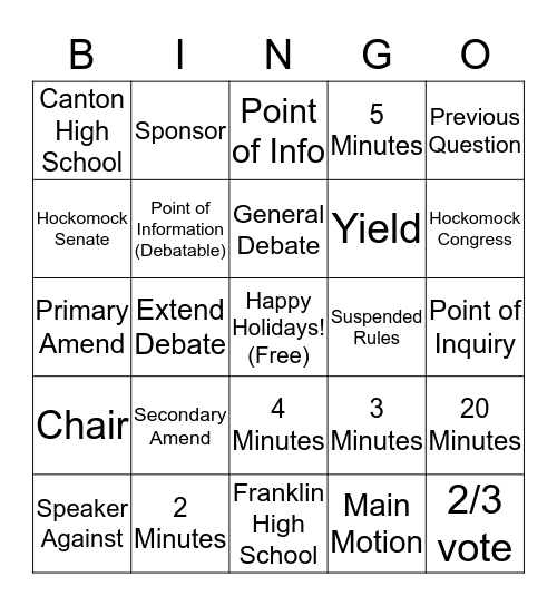 Model Congress Bingo Card