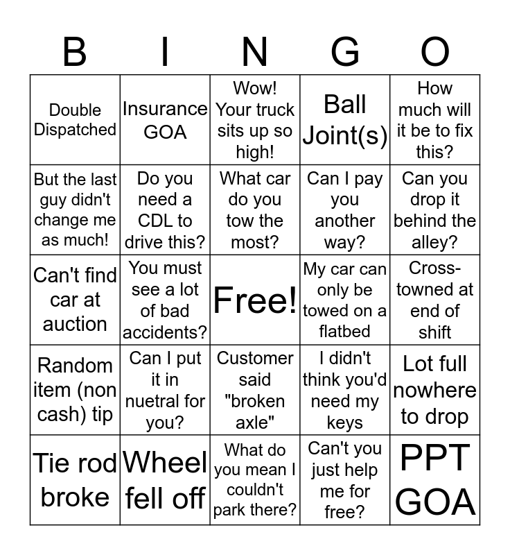 Tow Truck Bingo Card