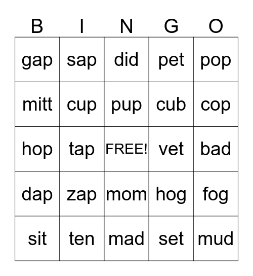 SHORT VOWEL CVC WORDS Bingo Card