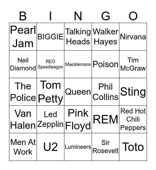 Rock and Roll L-Z Bingo Card
