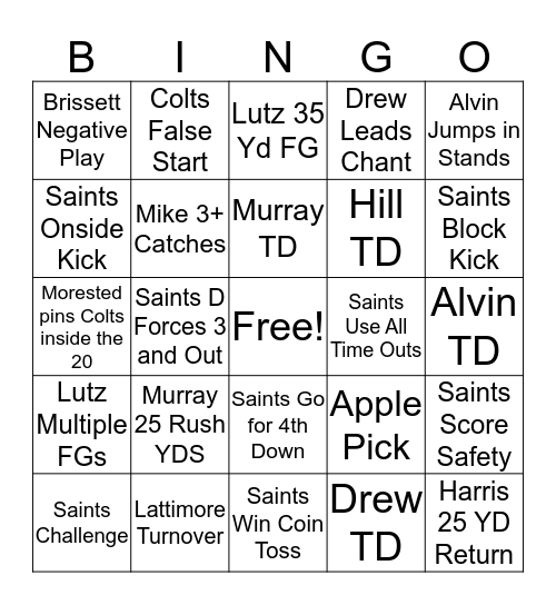 Colts Vs Saints Bingo Card