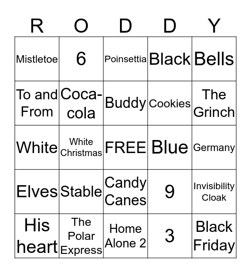 Roddy Christmas Trivia Bingo Card