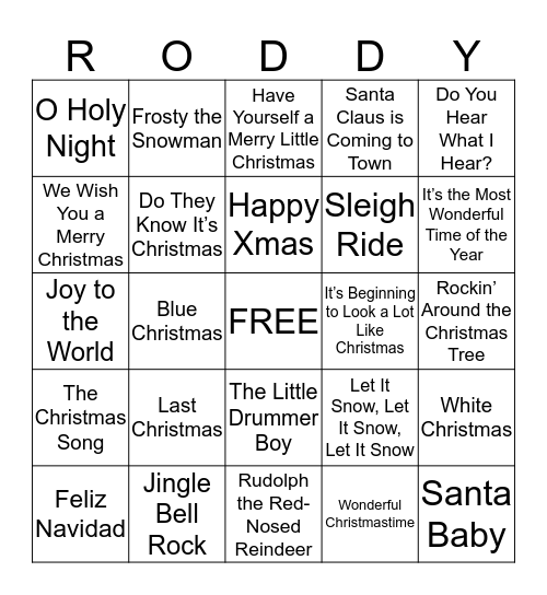 Roddy Christmas Trivia Mingo Bingo Card