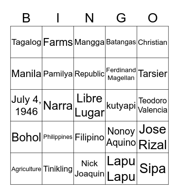 Filipino Bingo Card