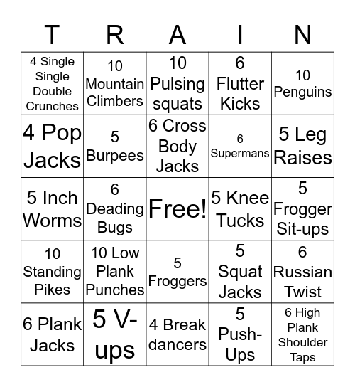 Calorie Burn Training Bingo Card