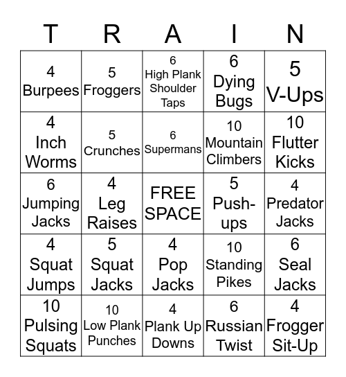 Calorie Burn Training Bingo Card