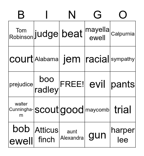 to kill a mocking bird   by harper lee  Bingo Card