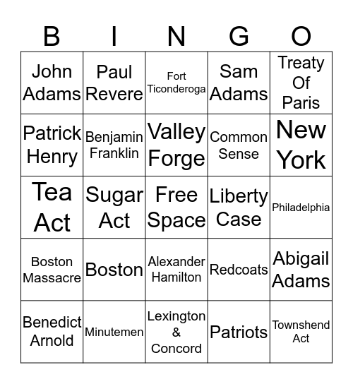 Revolutionary War Bingo ~ Valyn Survance Bingo Card