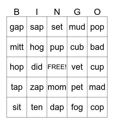 SHORT VOWEL CVC WORDS Bingo Card