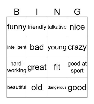 Adjective Bingo Card