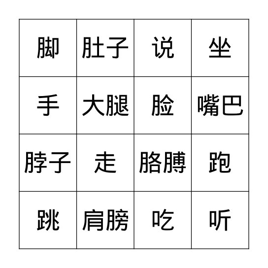 身体部位 Bingo Card