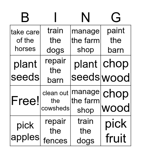 Farm Tasks Bingo Card