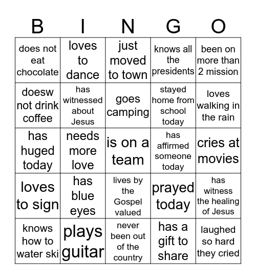 Youth on a Mission Bingo Card