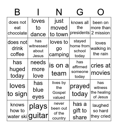 Youth on a Mission Bingo Card