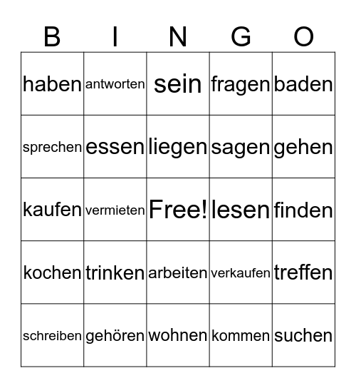 Verben Bingo Card