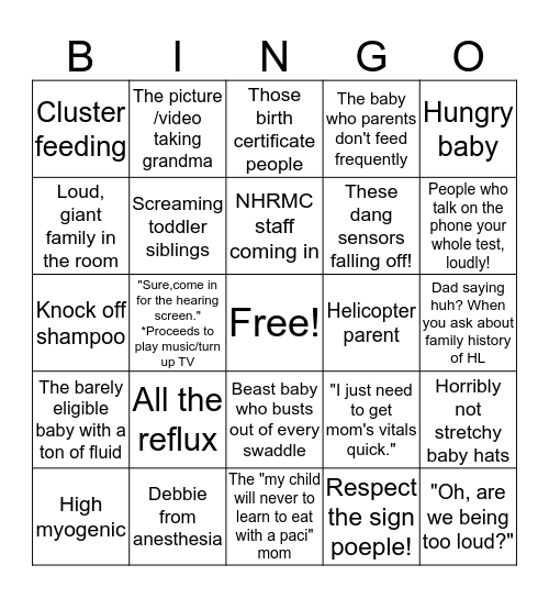 Reasons Baby does not pass screen other than hearing loss!  Bingo Card