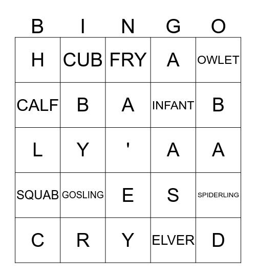 BABY ANIMAL  Bingo Card