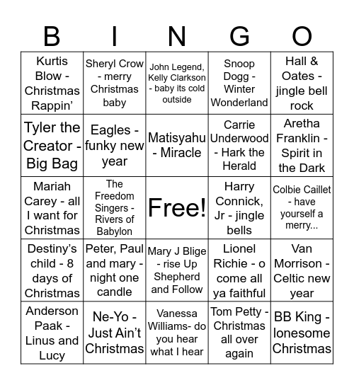 Holiday Music Bingo Card