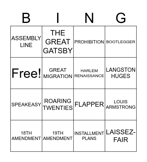 ROARING 20'S VOCABULARY  Bingo Card