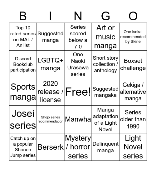 2020 Manga Challenge Bingo Card