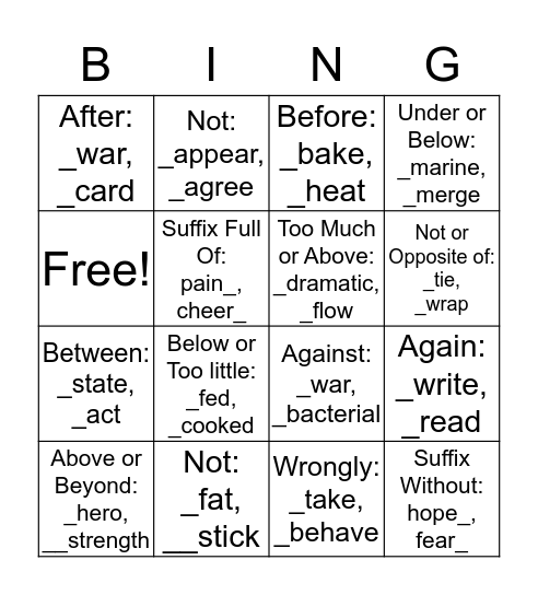 Prefix and Suffix Bingo Card