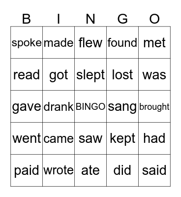 Irregular Simple Past Tense Bingo Card