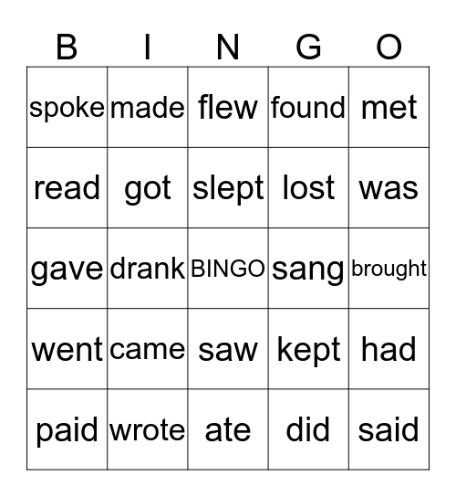 Irregular Simple Past Tense Bingo Card