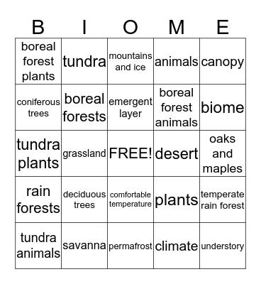 Biomes Bingo Card