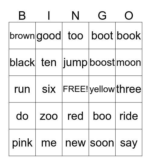 Spelling Words Bingo Card