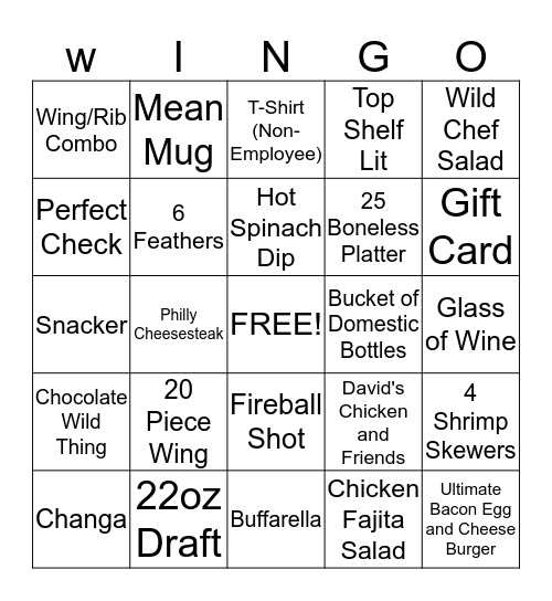 Wild Wing Wingo Bingo Card