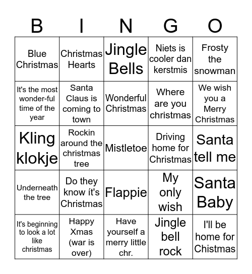 Kerstmuziek bingo Card