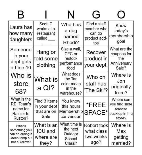 Tuesday REI Bingo Card