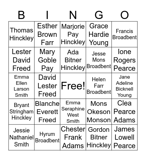 Ancester Bingo Card