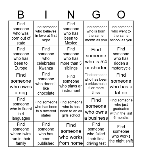 Bridal Shower Bingo Card