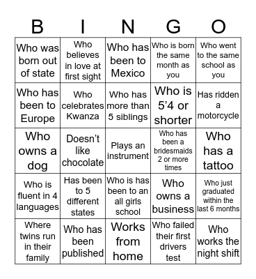Bridal Shower Bingo Card