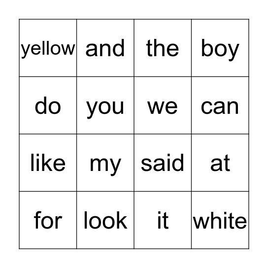 Sight Word Bingo Card