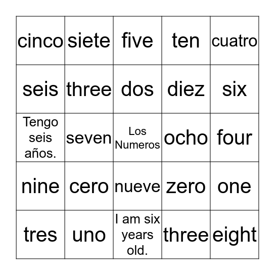 Los Numeros 0-10 Bingo Card