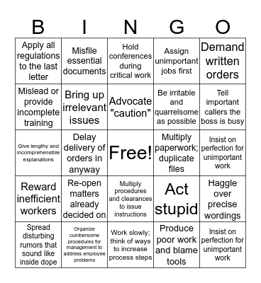 Workplace Management Sabotage Bingo Card