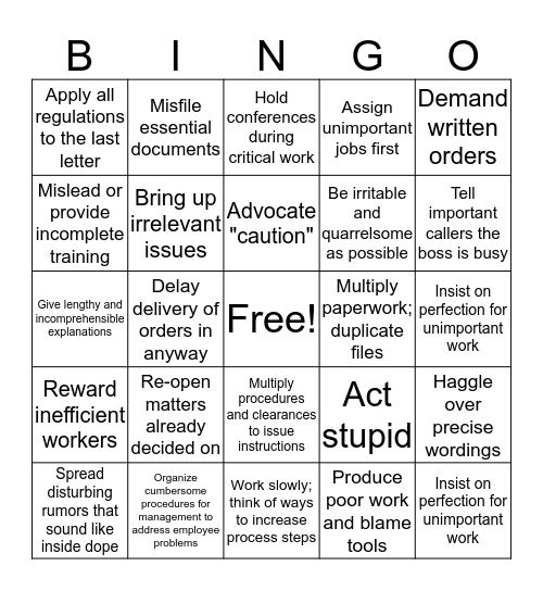 Workplace Management Sabotage Bingo Card