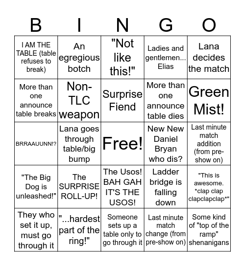 TLC 2019 Bingo Card