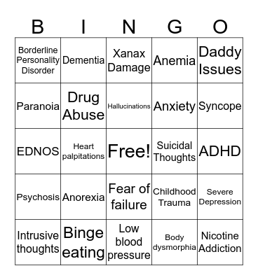 Amethyst’s Mental Illness Bingo Card