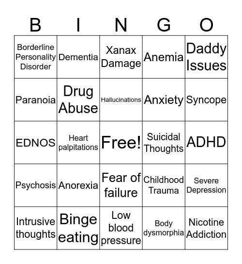 Amethyst’s Mental Illness Bingo Card